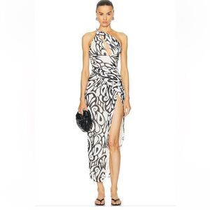 Nicholas Drue Draped Asymmetrical Midi Dress black white print braid Revolve 12